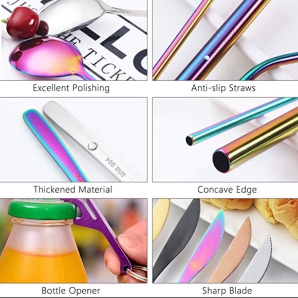 🌺 10PC SILVERWARE DINNER CAMP KITCHEN TRAVEL PORTABLE FORK KNIFE SPOON STRAW - Picture 2 of 3